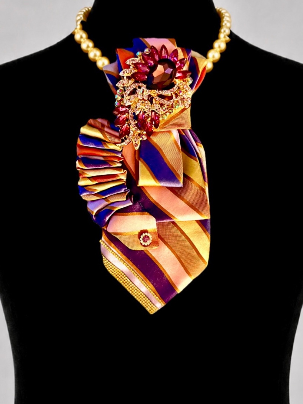 RETRO Gold and Purple Striped Silk Tie Necklace with Large Crystal Brooch